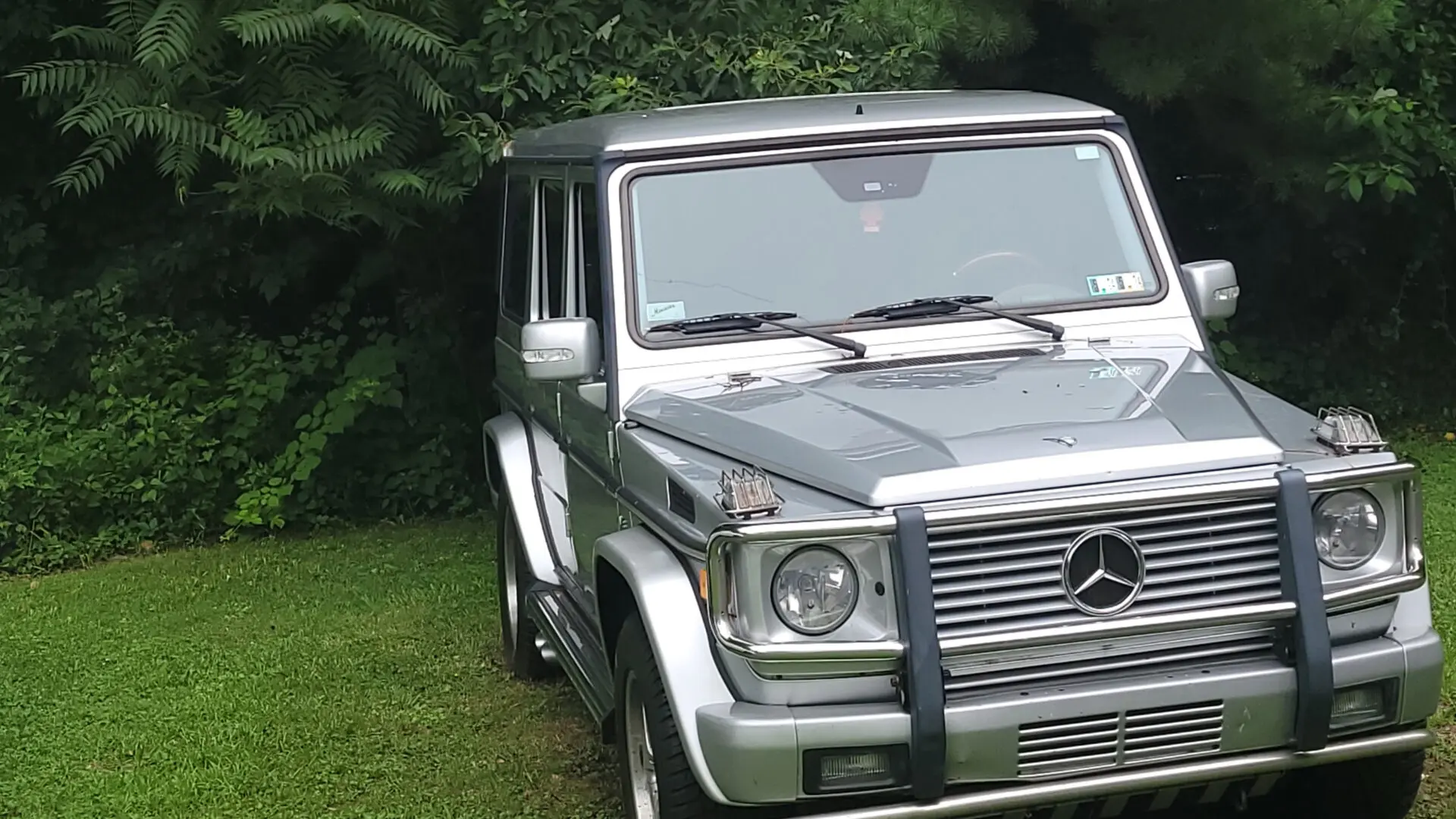 A silver mercedes benz parked in the grass.