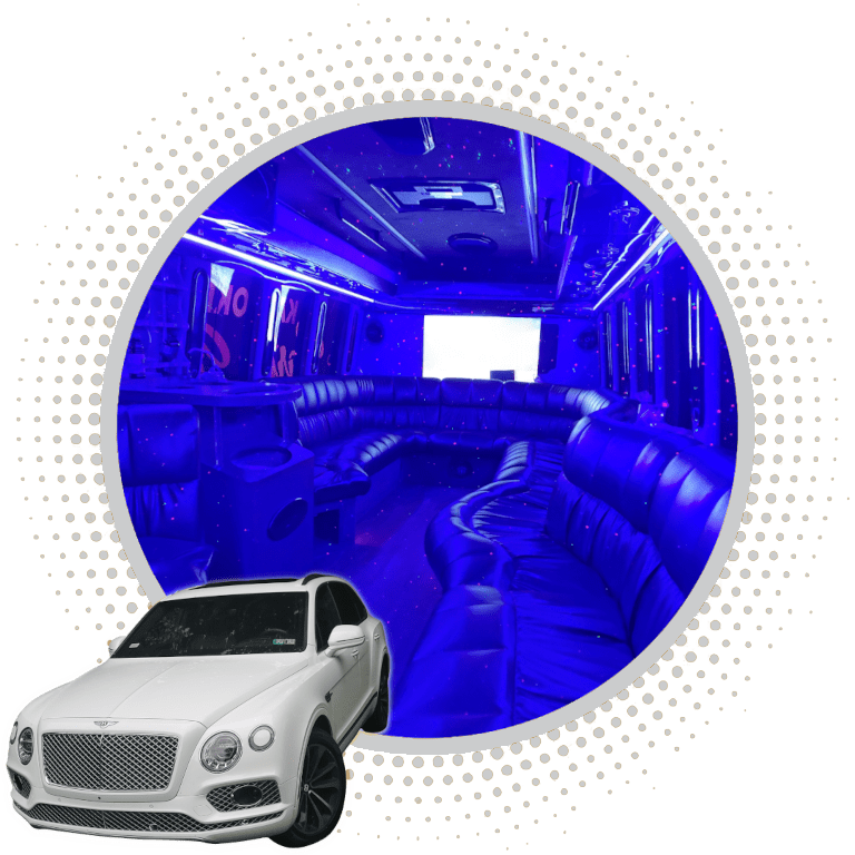 A white car is parked in front of a large room with blue lights.