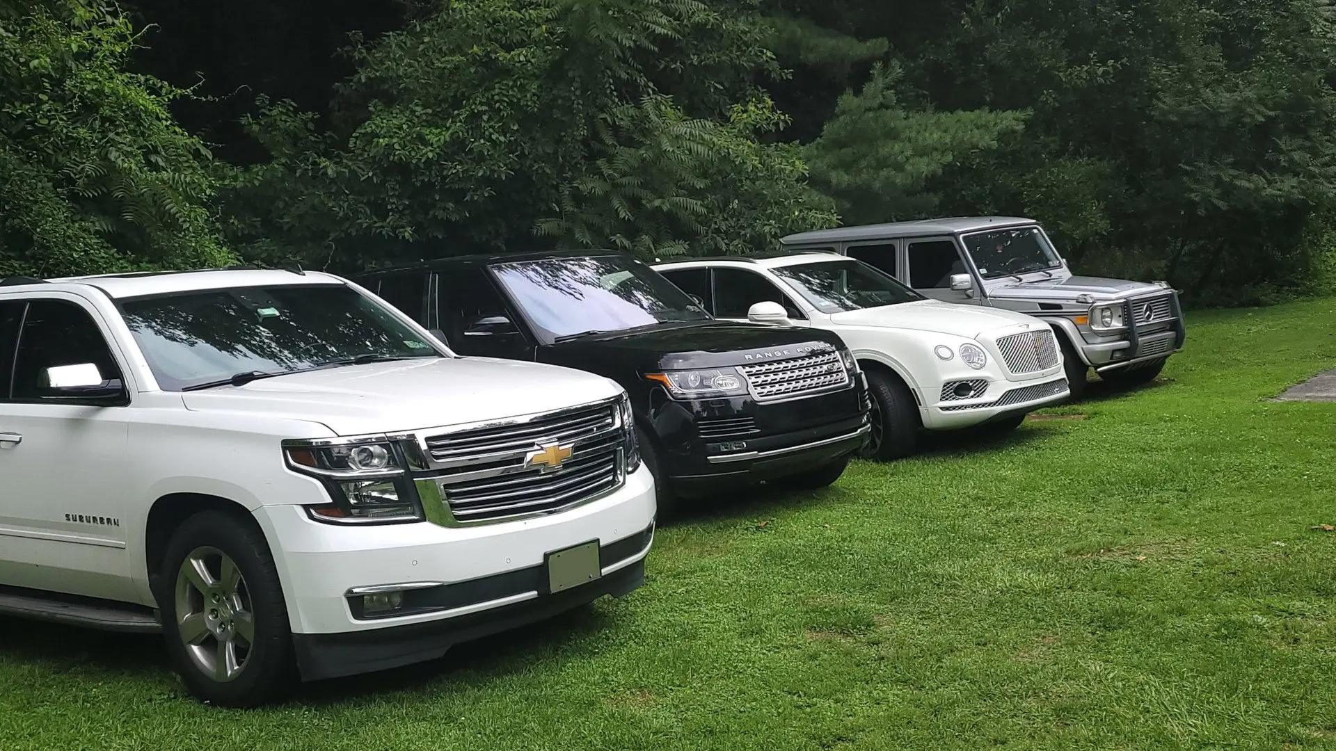 A row of cars parked in the grass.